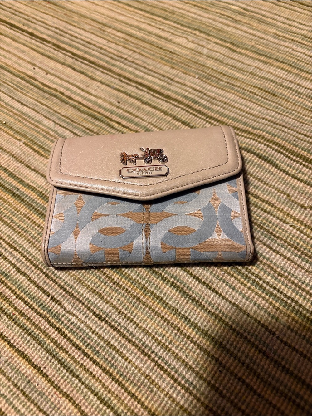 Coach Beige and Light Blue Signature Bifold Card Wallet with Horse & Carriage